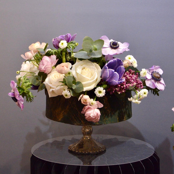 Beginner floristry course, flower box design with roses, anemone, asclepia and butterfly ranunculus