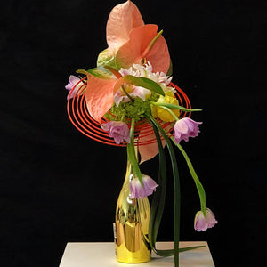 Intermediate floristry course, cascading bouquet with anthuriums, lilies, tulips and viburnum