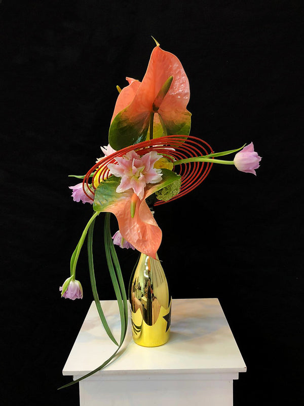 Intermediate floristry course, cascading bouquet with anthuriums, lilies, tulips and viburnum