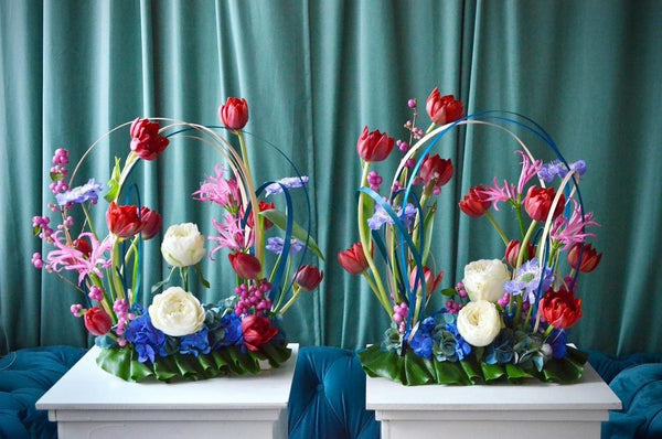 Intermediate floristry course, framing design flower arrangement with hydrangeas, tulips, roses, nerine and scabiosa