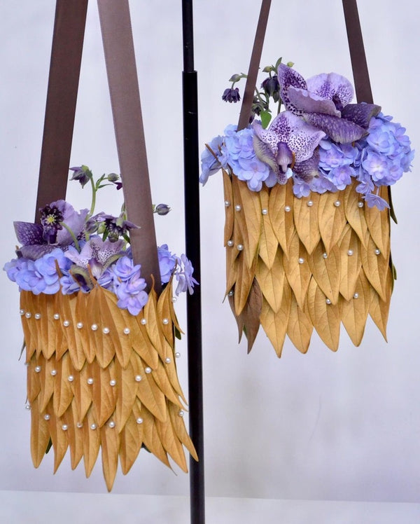 Intermediate floristry course, floral handbag with hydrangeas, vanda and aquilegia, featuring leafing technique