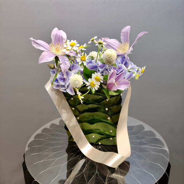 Intermediate floristry course, floral handbag with hydrangeas, matricaria, clematis and gomphrena, featuring leafing technique