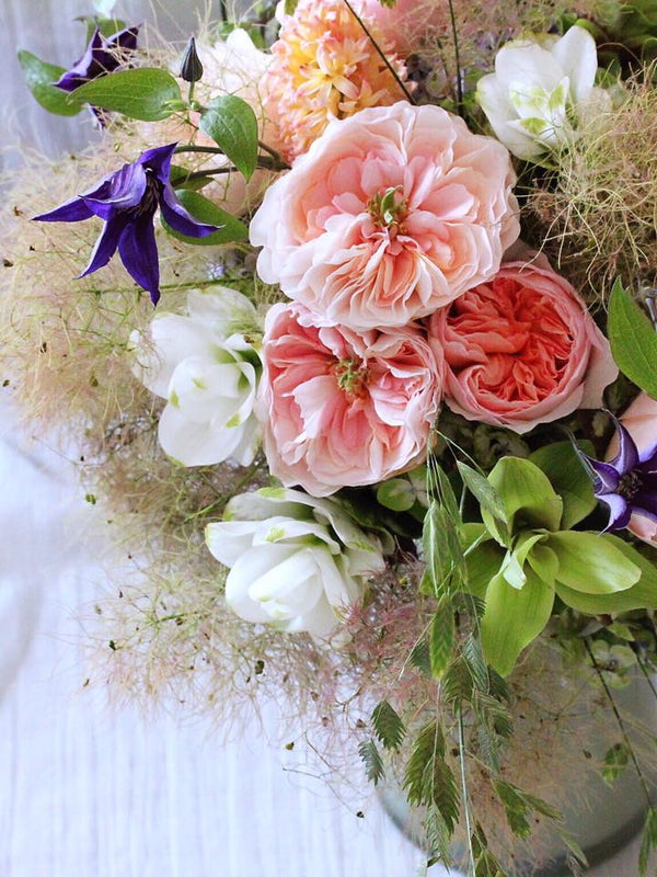 Hand-tied Bouquet Workshop, hand tied bouquet with garden roses, curcuma, hyacinth, clematis, cotinus and chasmanthium