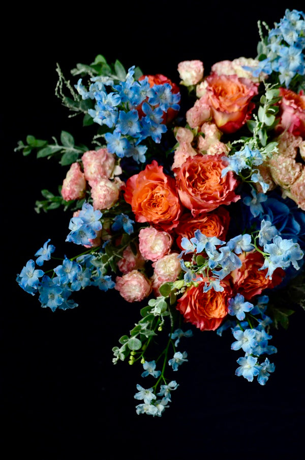 Hand-tied Bouquet Workshop, hand tied bouquet with hydrangeas, roses, delphiniums and acacia