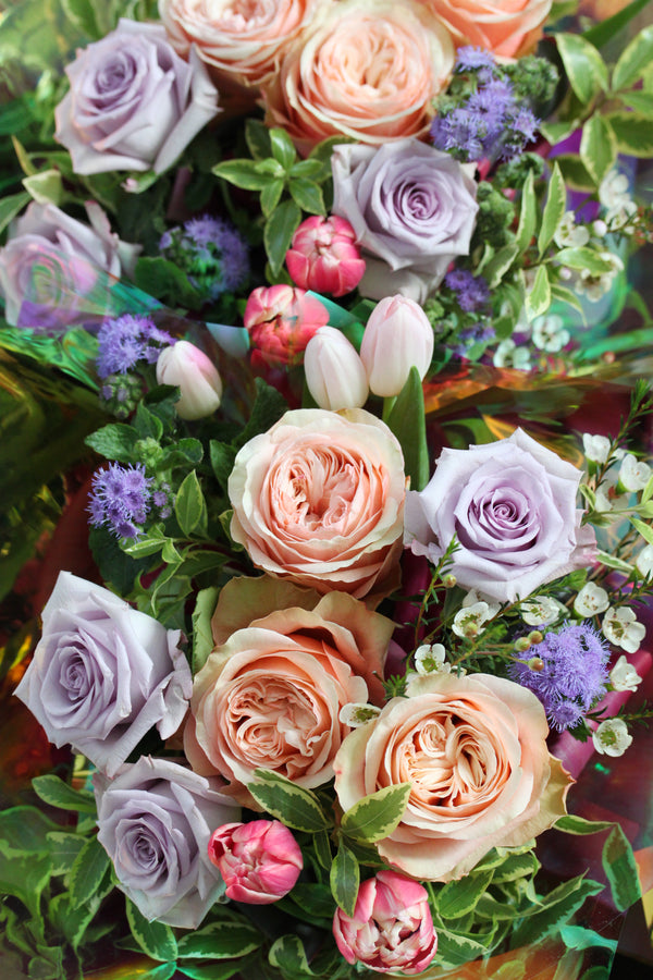 Hand-tied Bouquet Workshop, hand tied bouquets with roses, tulips and ageratum