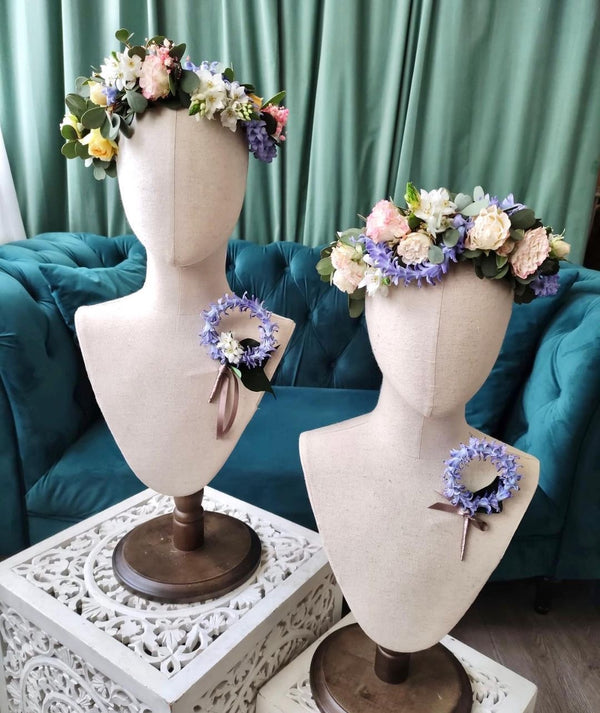 Beginner floristry course, flower crown and corsage with roses, ornithogalum and hyacinth floret chains