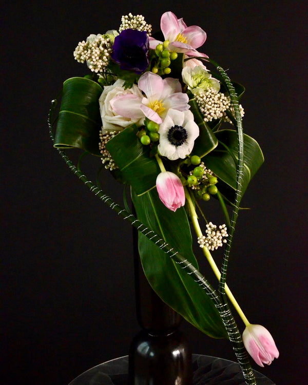 Certified Floral Designer Course, cascading design with tulips, featuring leaf manipulation technique