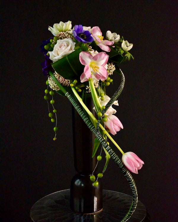 Certified Floral Designer Course, cascading design with tulips, featuring leaf manipulation technique