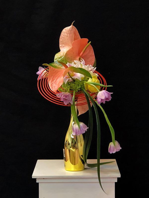 Intermediate floristry course, cascading bouquet with anthuriums, lilies, tulips and viburnum