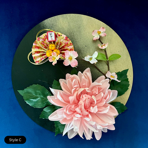 Style C: Artificial flowers and new year decoration on a painted/origami paper decorated 30cm diameter wooden board. Can be hung on wall or placed on a table with a plate holder.