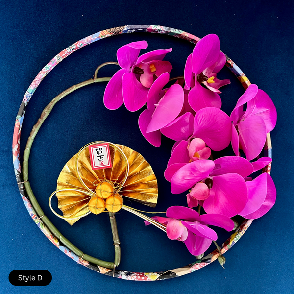 Style D: Artificial flowers and new year decoration on an origami paper decorated 20cm diameter wooden hoop. Can be hung on wall.