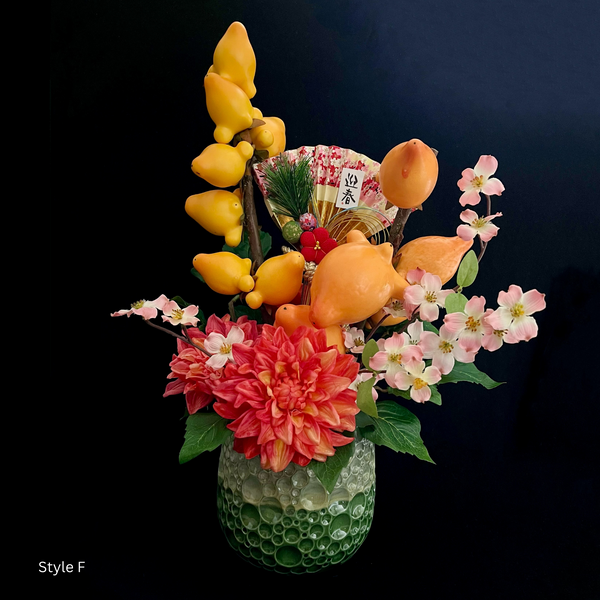 Style F: Artificial flower arrangement with new year decoration in ceramic container. Slightly variable size, approx. 30*45cm. 