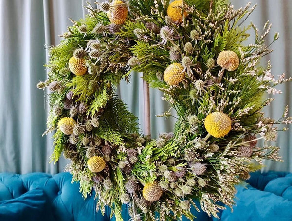 seasonal wreath workshop, assorted foliage and eryngium, summer colours