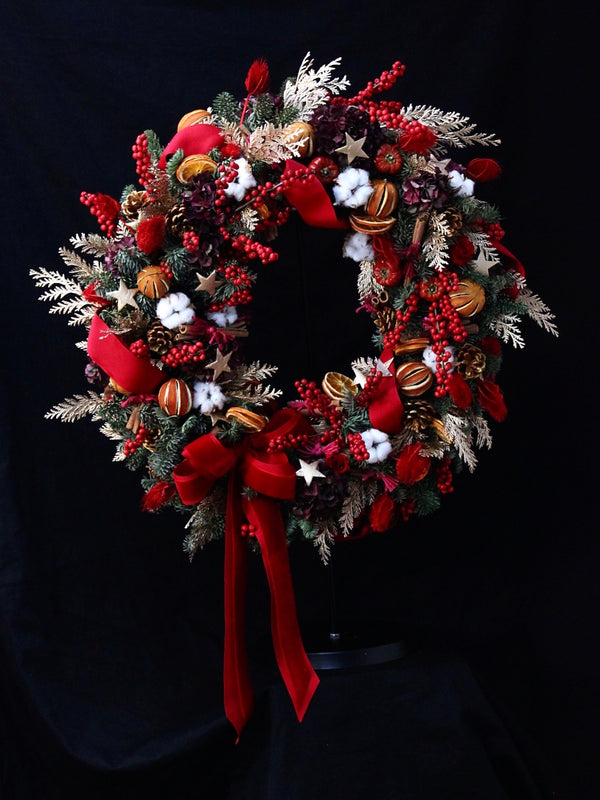 seasonal wreath workshop, classic christmas wreath in red and gold, extra large 80cm diameter