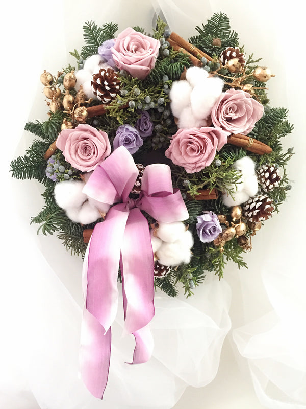 seasonal wreath workshop, pink christmas wreath for ballet school