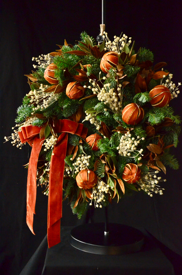 seasonal wreath workshop, christmas wreath with oranges and golden foliage
