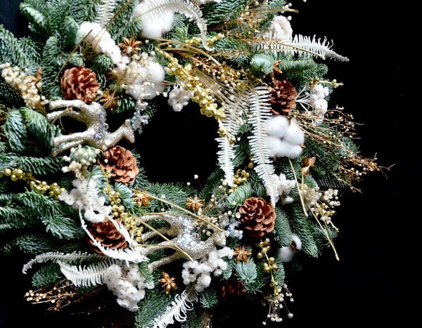 seasonal wreath workshop, scandinavian christmas wreath in white and gold