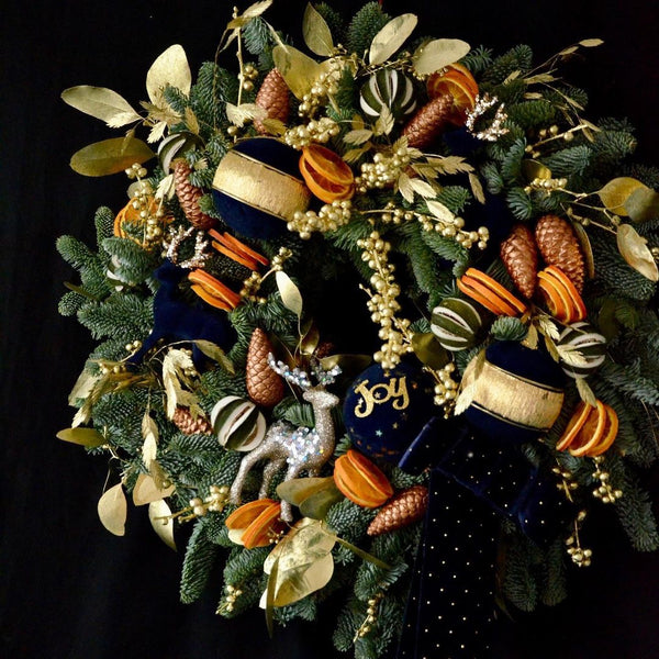 seasonal wreath workshop, luxurious christmas wreath in royal blue and gold